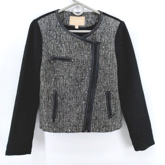 Banana Republic Jackets & Blazers - Banana Republic Tweed‎ Moto Jacket Blazer Black Faux Leather Trim Size 4